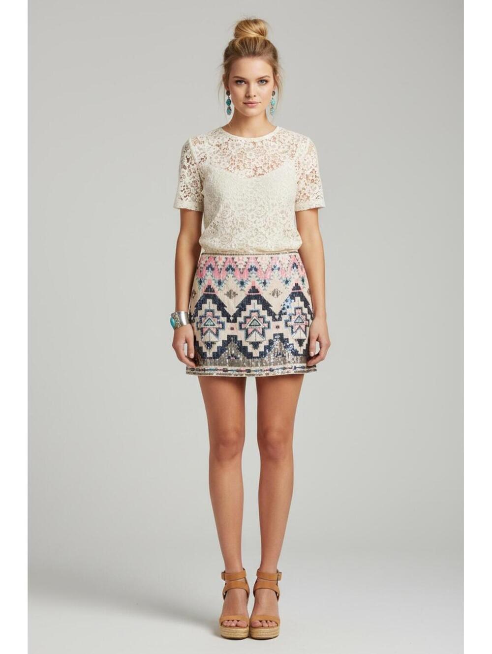 VTG Y2K Express Geometric Southwestern Sequin Festival Mini Skirt, Medium